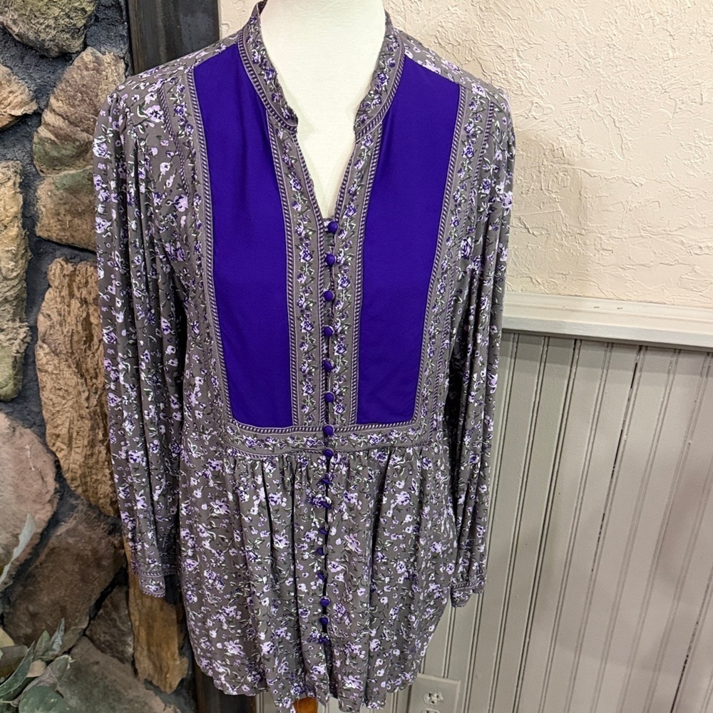 Woman Within Purple and Gray Floral Blouse